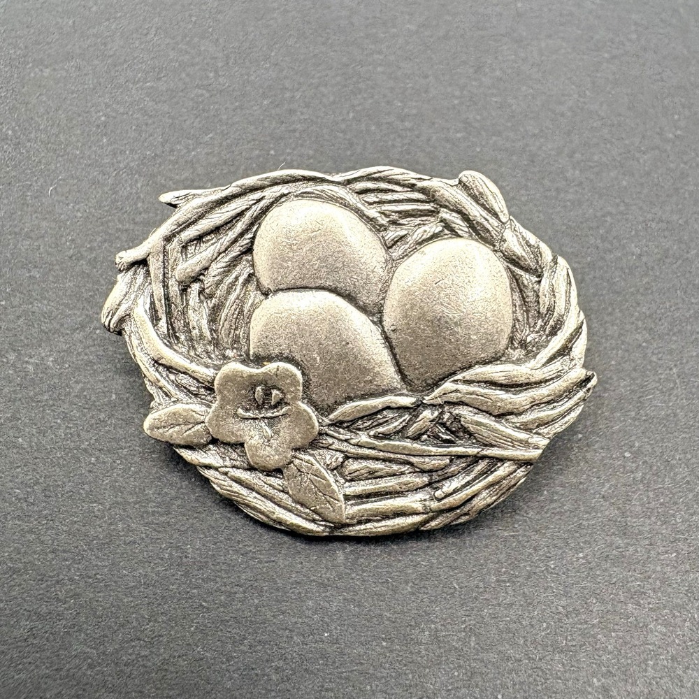 Vintage Birds & Blooms 2007 Brooch Pin Nest Eggs Flower Pewter Tone Dainty